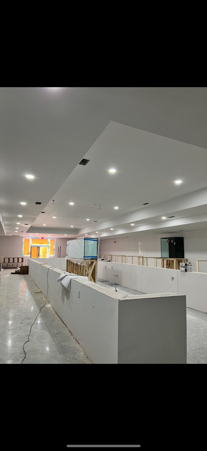 Long interior space with recessed lighting